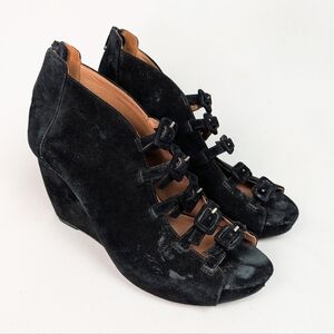 Black Suede Peep-Toe Wedge Sandals